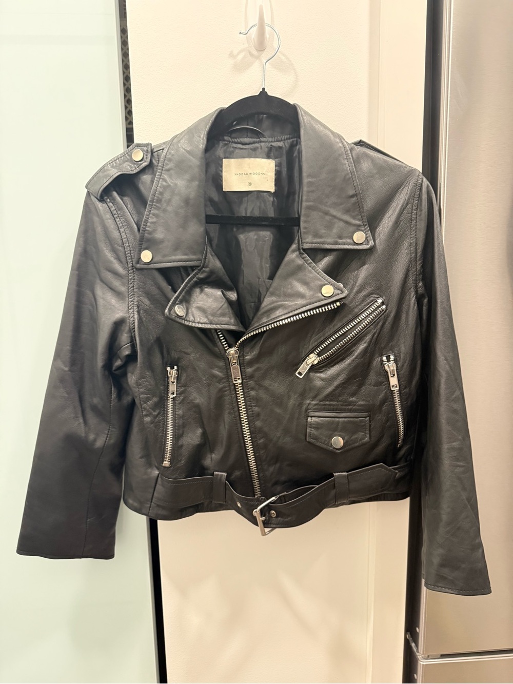 Classic Black Leather Moto Jacket with Belt - Unbranded